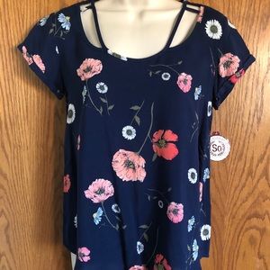 SO Navy Blue Floral Top Scoop Neck Blouse Jrs. XXS